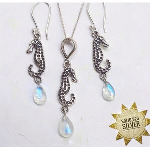Sterling Silver Jewelry Set Seahorse Moonstone Earrings Necklace Pendant Chain